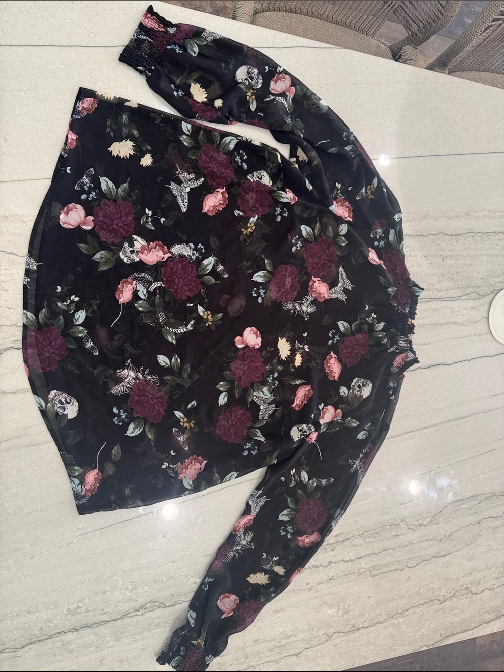 torrid Black Floral Long Sleeve Top with Burgundy and Pink Blooms